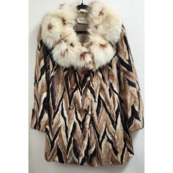 Vintage Marie Enny Real Mink Fur Coat Genuine FoxFur Collar Tiger Stripe Pattern - Picture 2 of 15